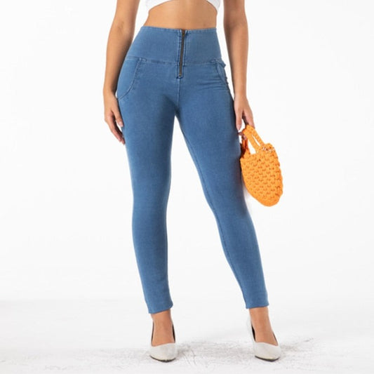 Cheeky Blue High Waist Zip Front Butt Lift Jeggings - Model Mannequin