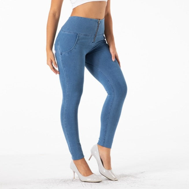 Cheeky Blue High Waist Zip Front Butt Lift Jeggings - Model Mannequin