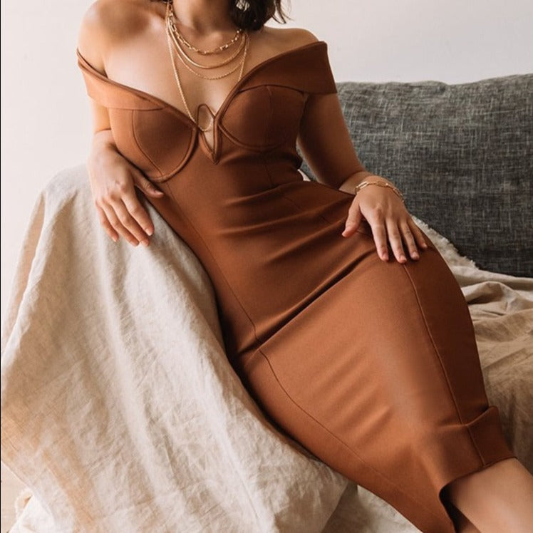 Eva - Brown Off The Shoulder Bandage Dress - Model Mannequin