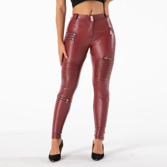 Cheeky Burgundy PU Butt Lift Zipper Pants - Model Mannequin