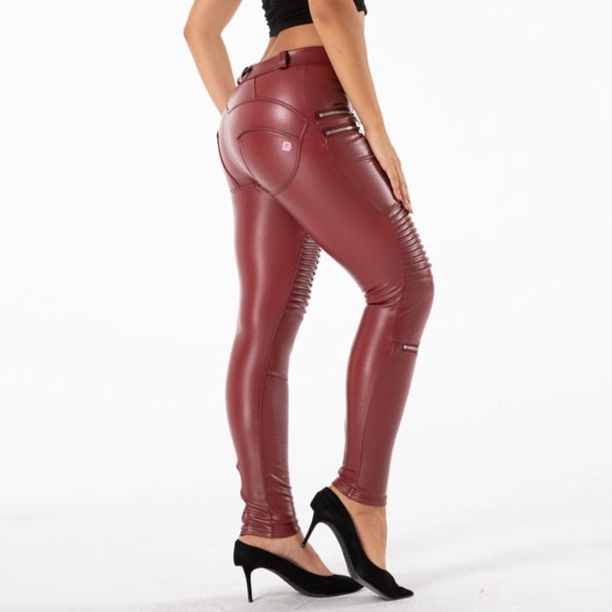 Cheeky Burgundy PU Butt Lift Zipper Pants - Model Mannequin